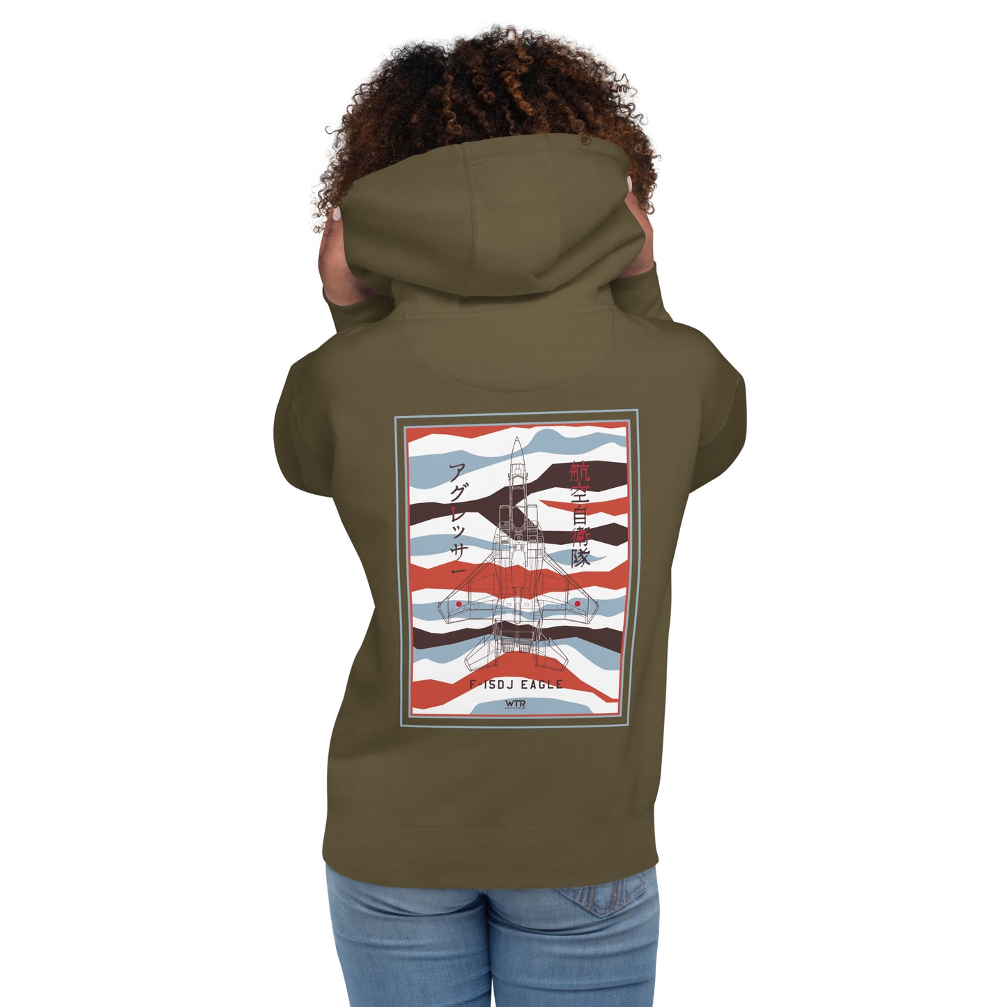 Hand-drawn schematic of the Mitsubishi F-15DJ Eagle Aggressor Minokasago Lionfish camouflage livery printed on a unisex hoodie.