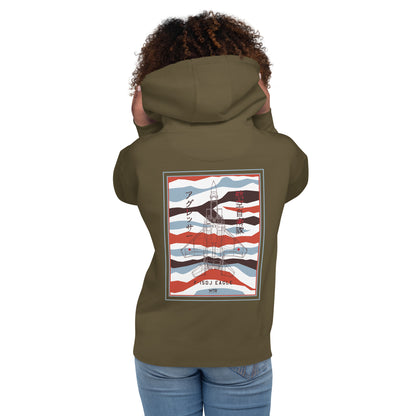 Hand-drawn schematic of the Mitsubishi F-15DJ Eagle Aggressor Minokasago Lionfish camouflage livery printed on a unisex hoodie.