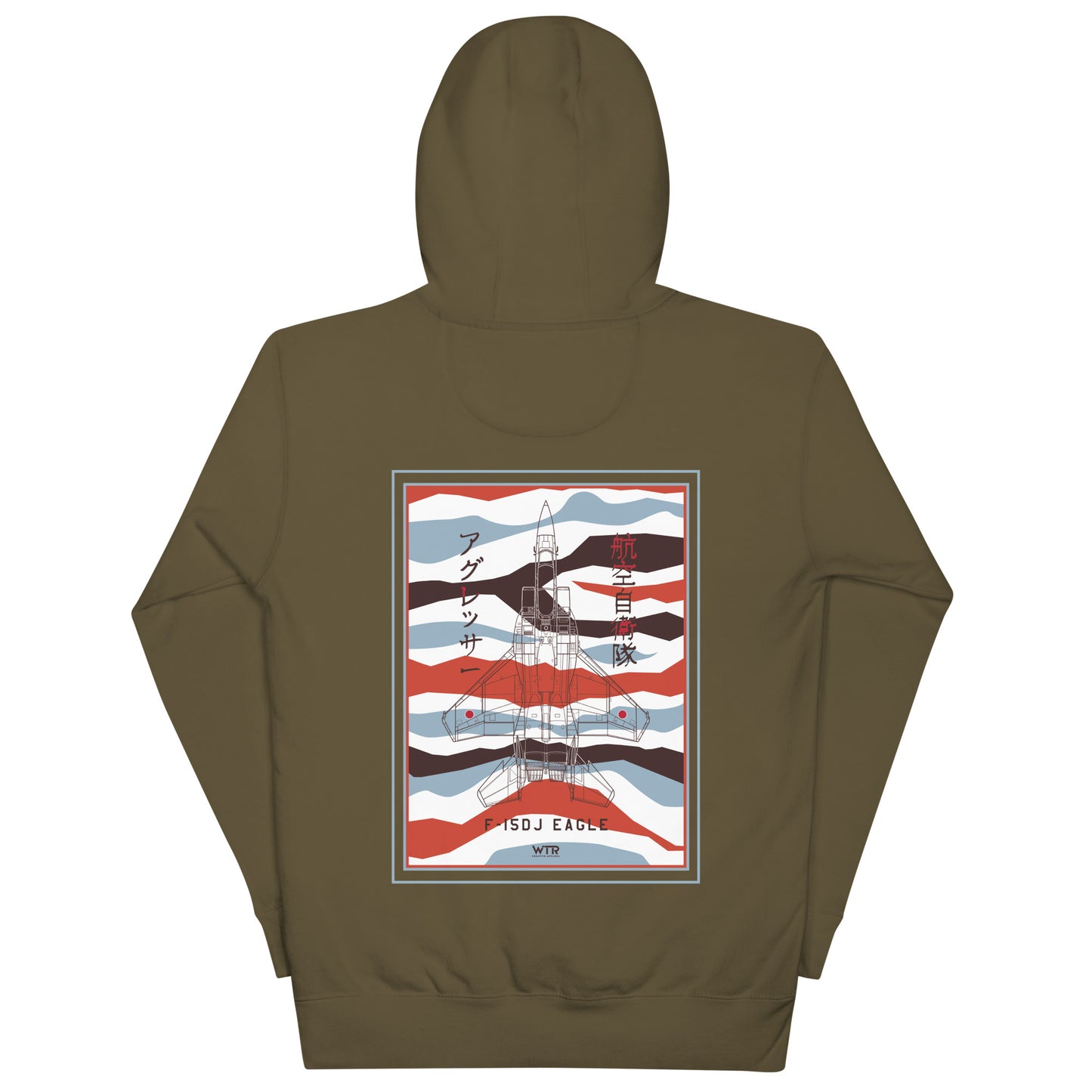 Hand-drawn schematic of the Mitsubishi F-15DJ Eagle Aggressor Minokasago Lionfish camouflage livery printed on a unisex hoodie.