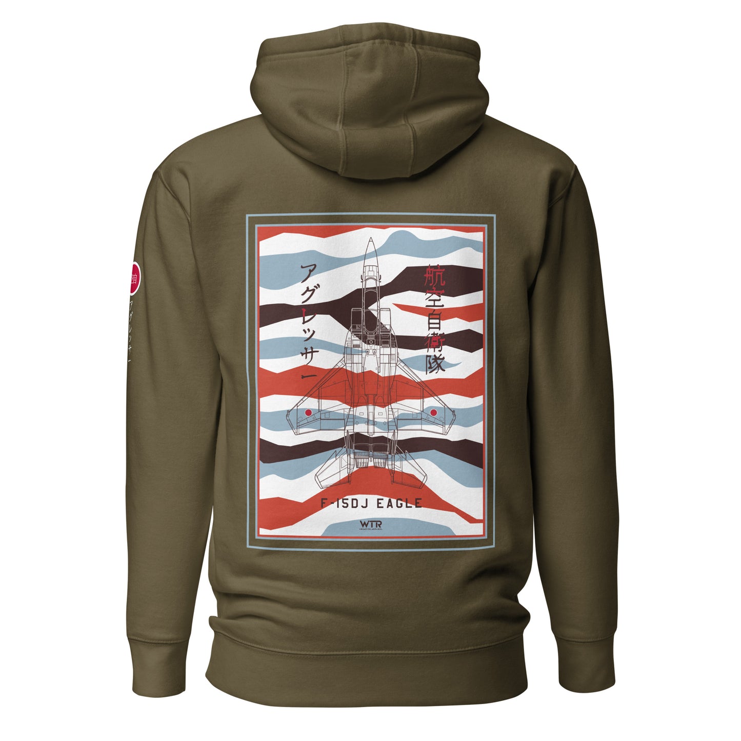 Hand-drawn schematic of the Mitsubishi F-15DJ Eagle Aggressor Minokasago Lionfish camouflage livery printed on a unisex hoodie.