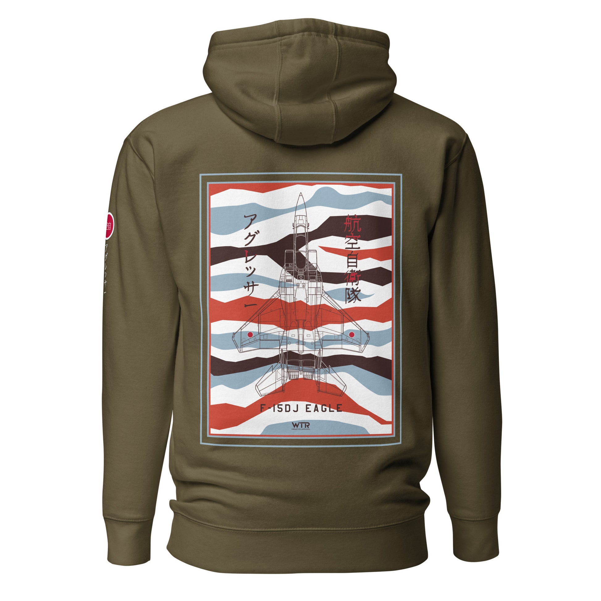 Hand-drawn schematic of the Mitsubishi F-15DJ Eagle Aggressor Minokasago Lionfish camouflage livery printed on a unisex hoodie.