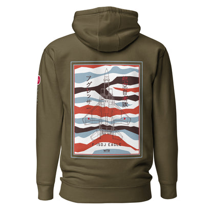 Hand-drawn schematic of the Mitsubishi F-15DJ Eagle Aggressor Minokasago Lionfish camouflage livery printed on a unisex hoodie.