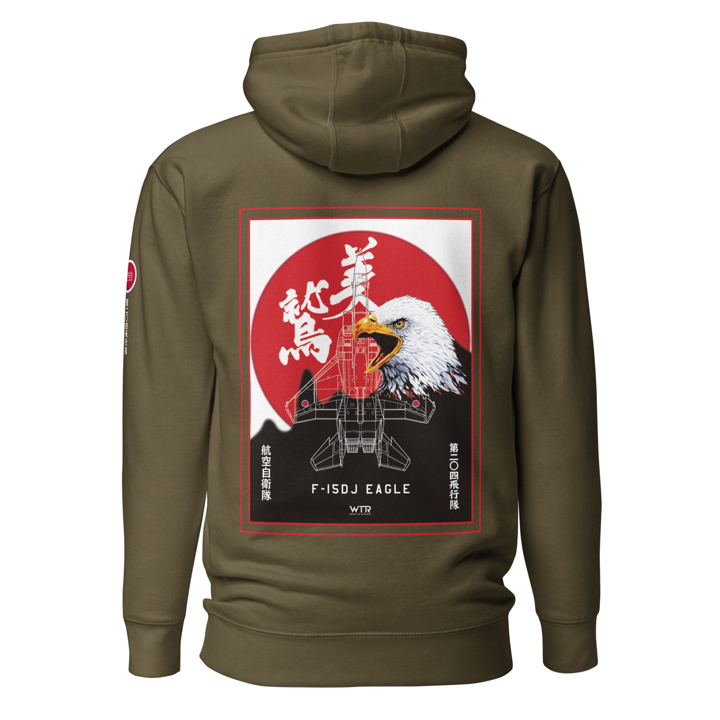 Hand-drawn schematic of the Mitsubishi F-15J Eagle 204th Tactical Fighter Squadron 2024 Churashima Air Fiesta livery on a hoodie.