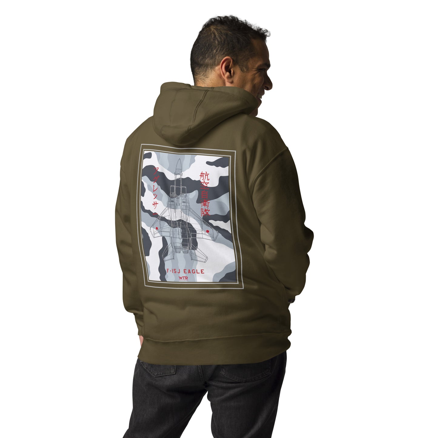 Hand-drawn technical schematic of the Mitsubishi F-15J Eagle JSDAF Aggressor camouflage livery printed on a unisex hoodie.