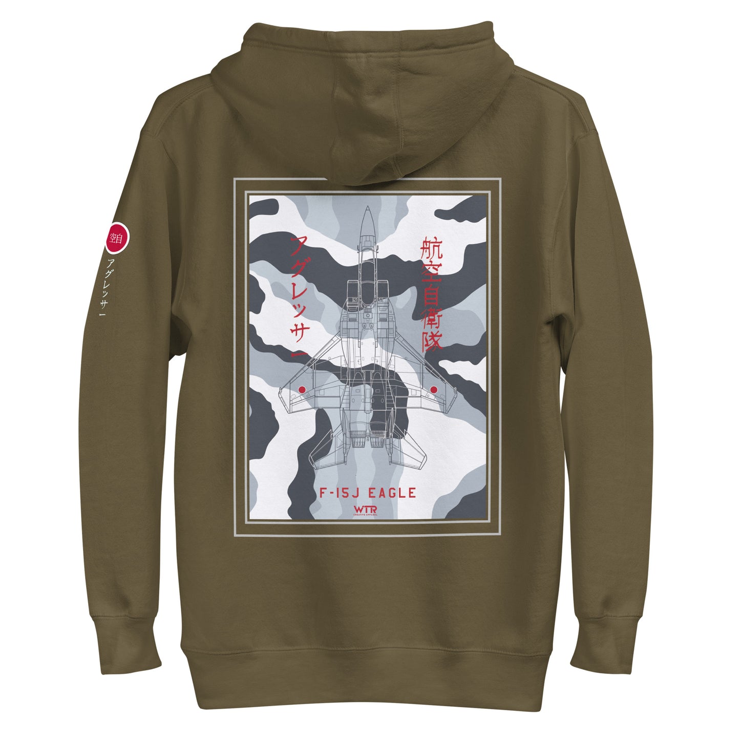 Hand-drawn technical schematic of the Mitsubishi F-15J Eagle JSDAF Aggressor camouflage livery printed on a unisex hoodie.