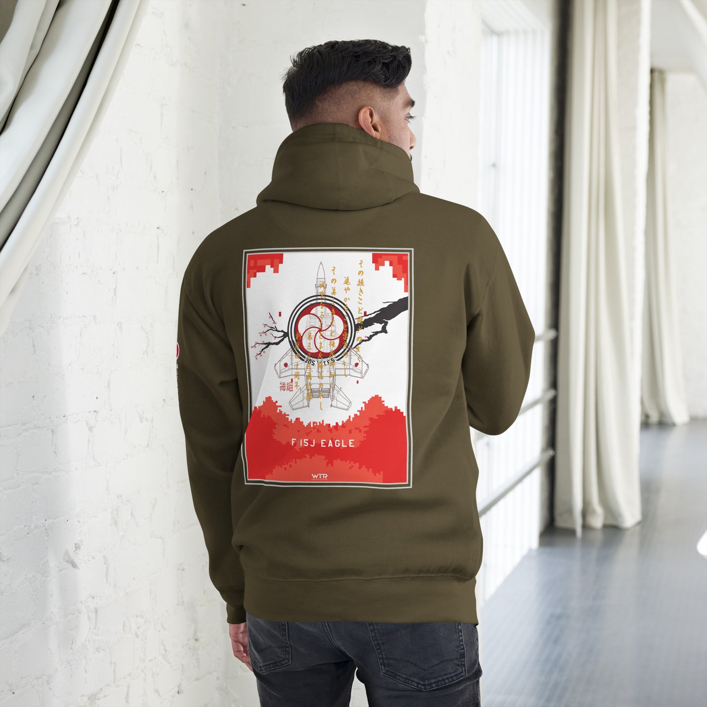 Hand-drawn schematic of the Mitsubishi F-15J Eagle 305th Tactical Fighter Squadron 40 Years Anniversary livery on a unisex hoodie.