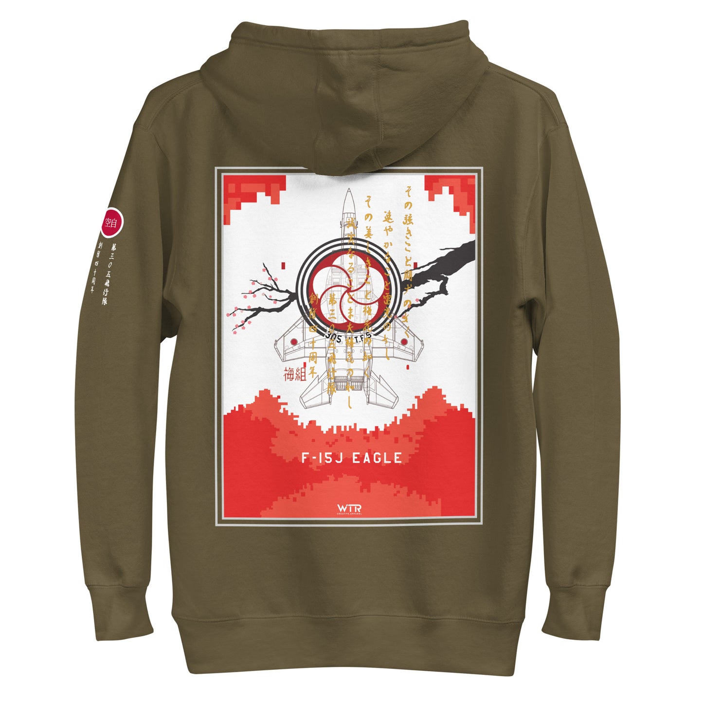 Hand-drawn schematic of the Mitsubishi F-15J Eagle 305th Tactical Fighter Squadron 40 Years Anniversary livery on a unisex hoodie.