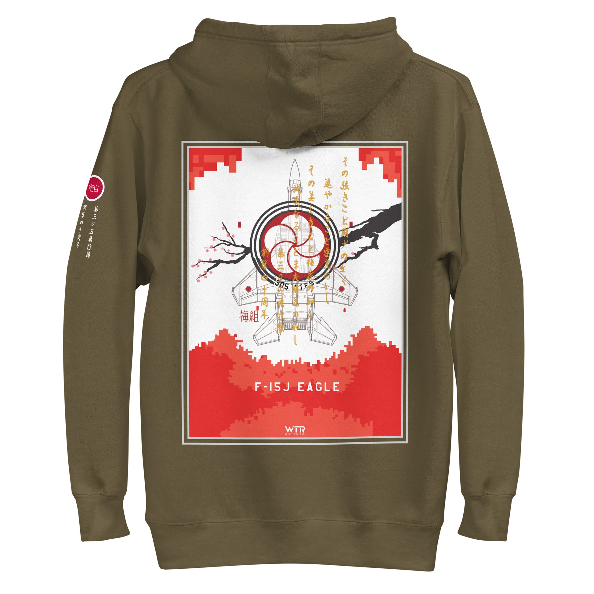 Hand-drawn schematic of the Mitsubishi F-15J Eagle 305th Tactical Fighter Squadron 40 Years Anniversary livery on a unisex hoodie.
