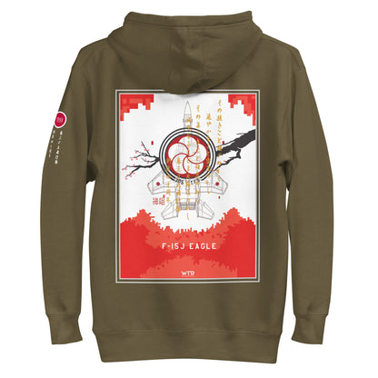 Hand-drawn schematic of the Mitsubishi F-15J Eagle 305th Tactical Fighter Squadron 40 Years Anniversary livery on a unisex hoodie.