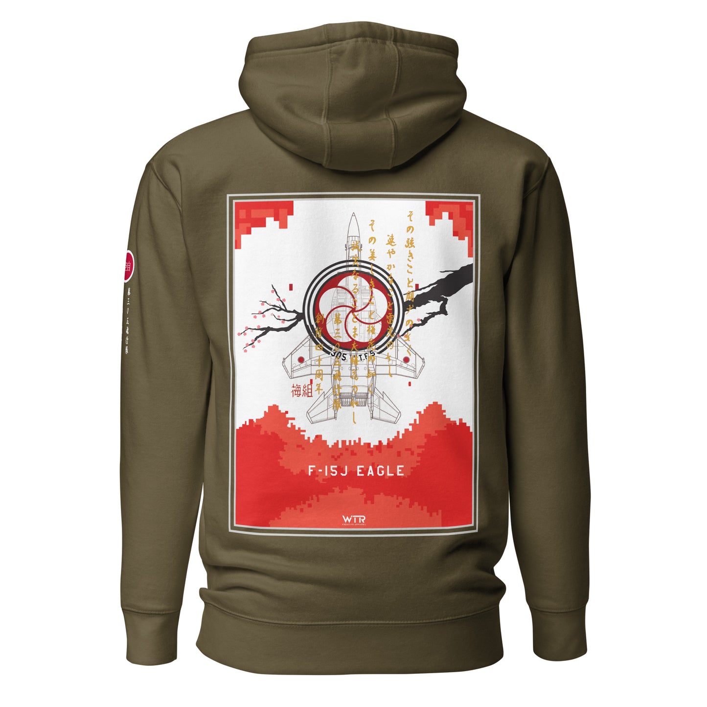 Hand-drawn schematic of the Mitsubishi F-15J Eagle 305th Tactical Fighter Squadron 40 Years Anniversary livery on a unisex hoodie.