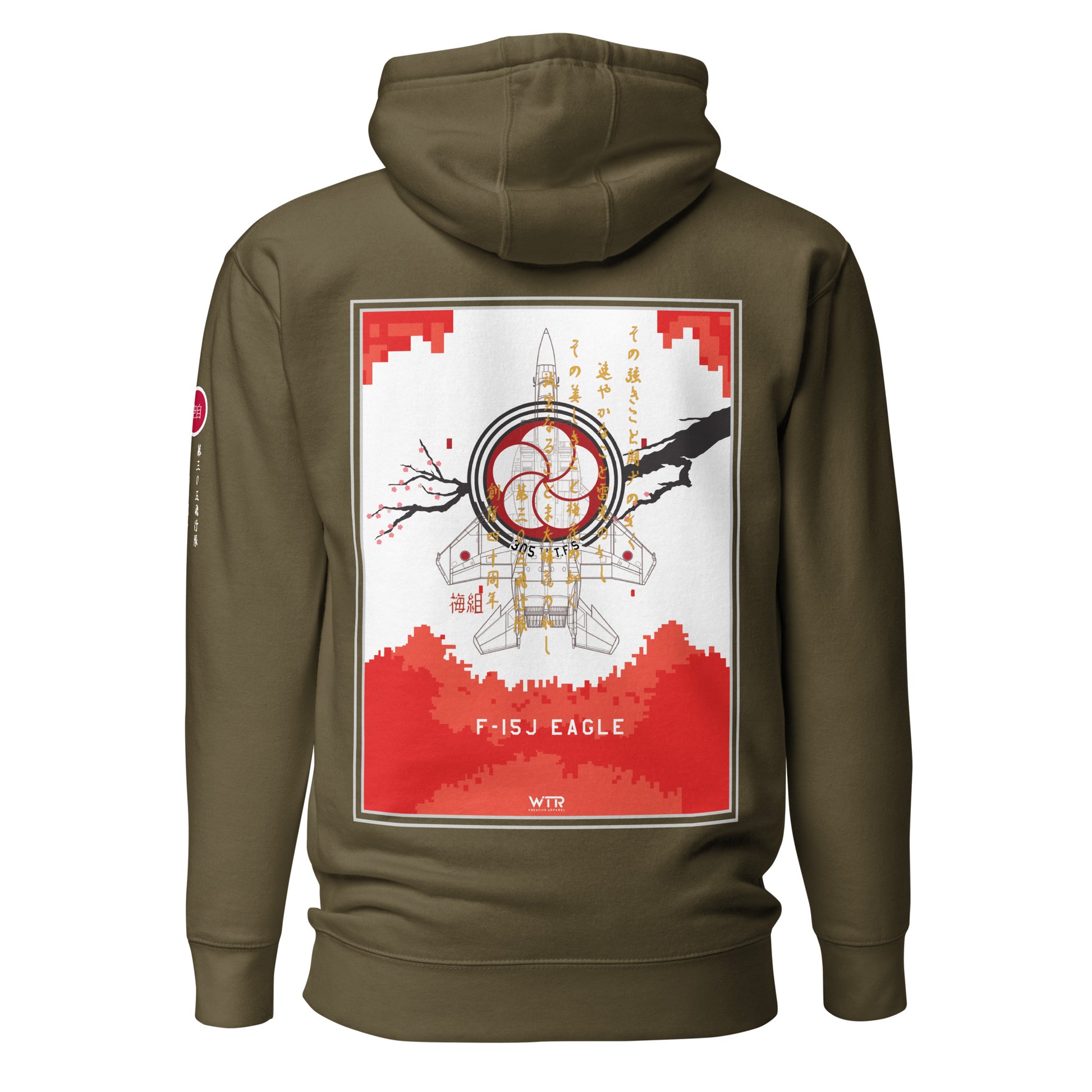 Hand-drawn schematic of the Mitsubishi F-15J Eagle 305th Tactical Fighter Squadron 40 Years Anniversary livery on a unisex hoodie.