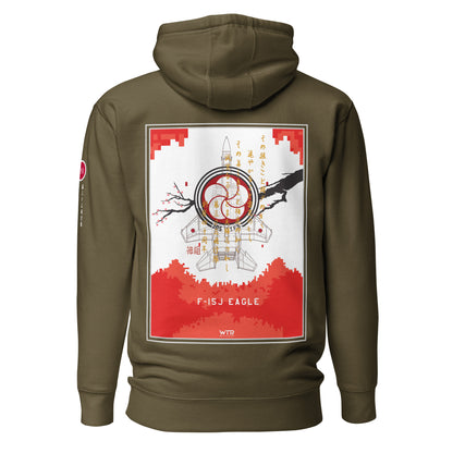 Hand-drawn schematic of the Mitsubishi F-15J Eagle 305th Tactical Fighter Squadron 40 Years Anniversary livery on a unisex hoodie.