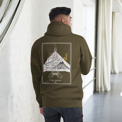 Hand-drawn schematic of the Mitsubishi F-15J Eagle 305th Tactical Fighter Squadron 50 Years Anniversary livery on a unisex hoodie.