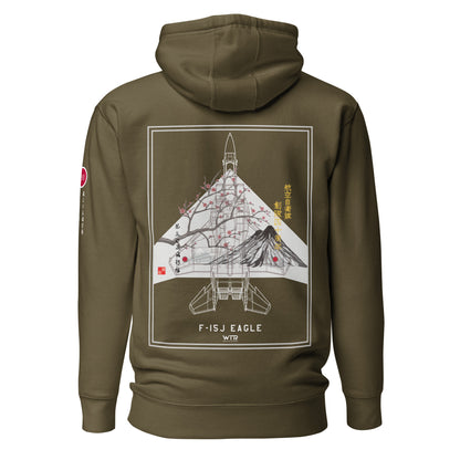 Hand-drawn schematic of the Mitsubishi F-15J Eagle 305th Tactical Fighter Squadron 50 Years Anniversary livery on a unisex hoodie.