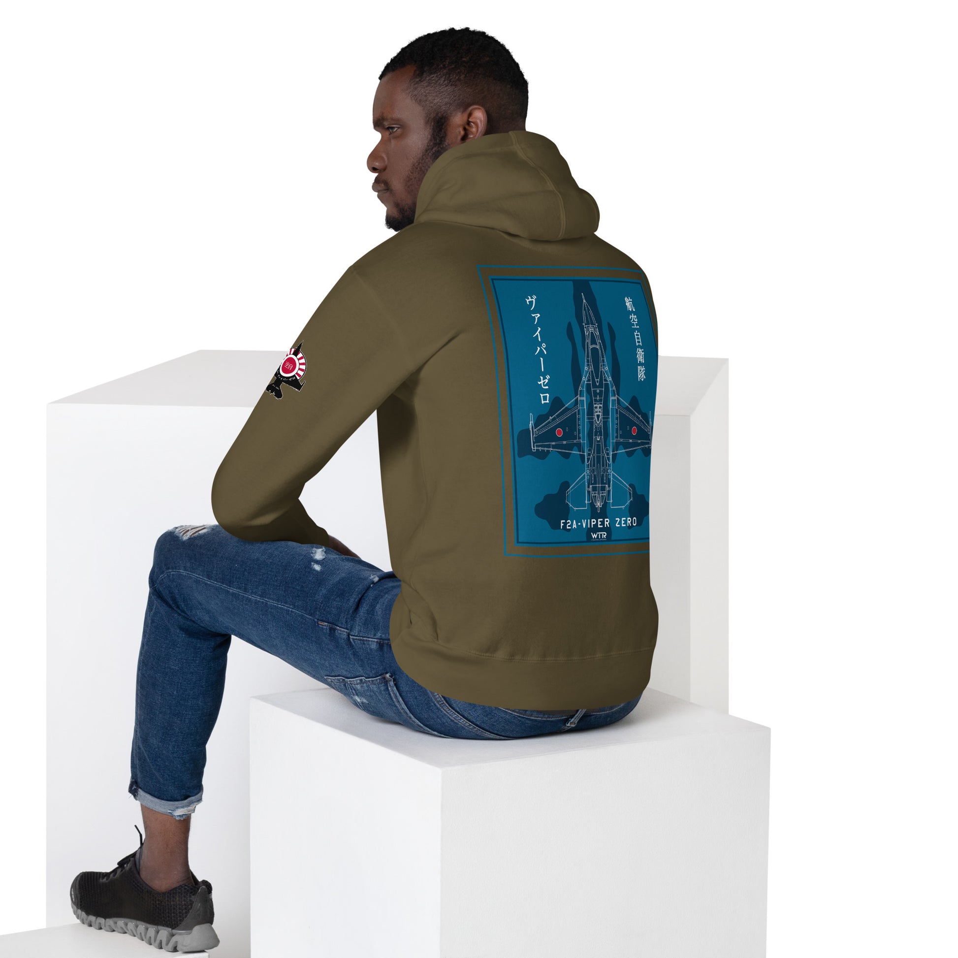 Hand-drawn schematic of the Mitsubishi F-2A Viper Zero in Maritime Blue Camouflage livery printed on a comfortable unisex hoodie.