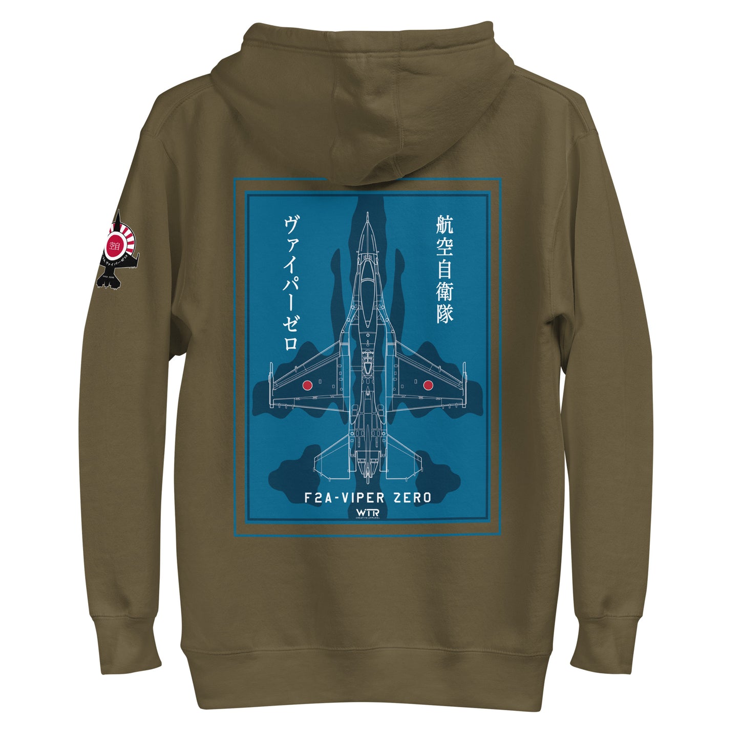 Hand-drawn schematic of the Mitsubishi F-2A Viper Zero in Maritime Blue Camouflage livery printed on a comfortable unisex hoodie.