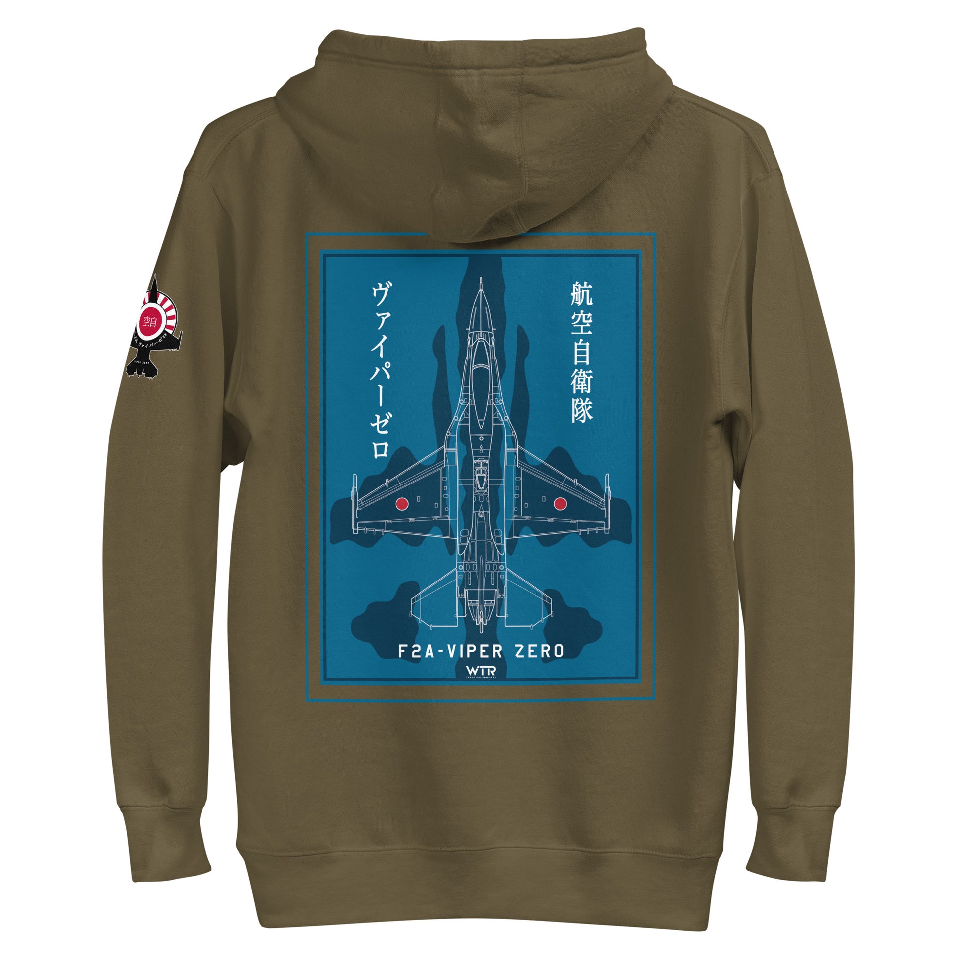 Hand-drawn schematic of the Mitsubishi F-2A Viper Zero in Maritime Blue Camouflage livery printed on a comfortable unisex hoodie.