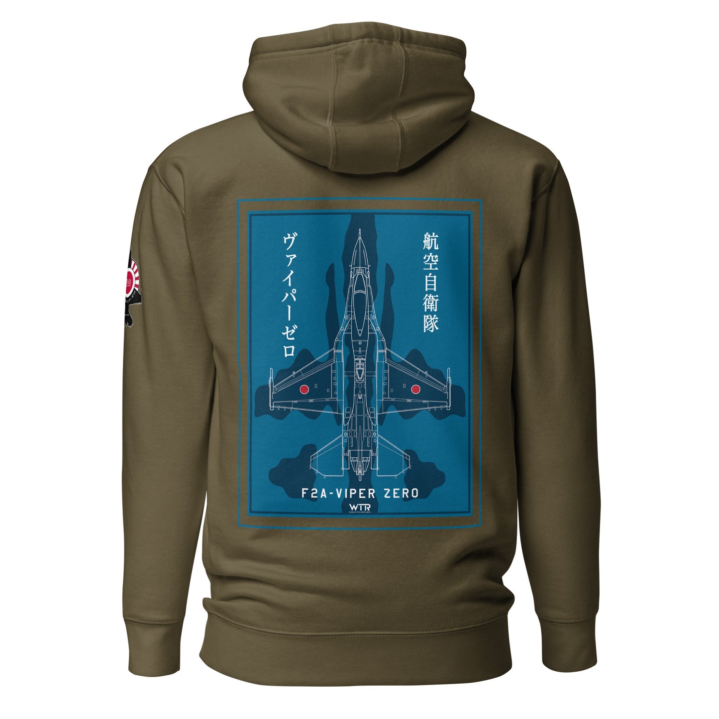 Hand-drawn schematic of the Mitsubishi F-2A Viper Zero in Maritime Blue Camouflage livery printed on a comfortable unisex hoodie.