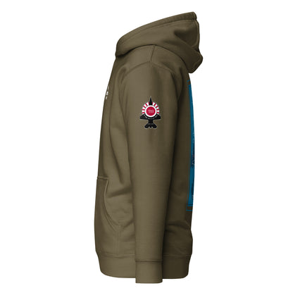 Hand-drawn schematic of the Mitsubishi F-2A Viper Zero in Maritime Blue Camouflage livery printed on a comfortable unisex hoodie.