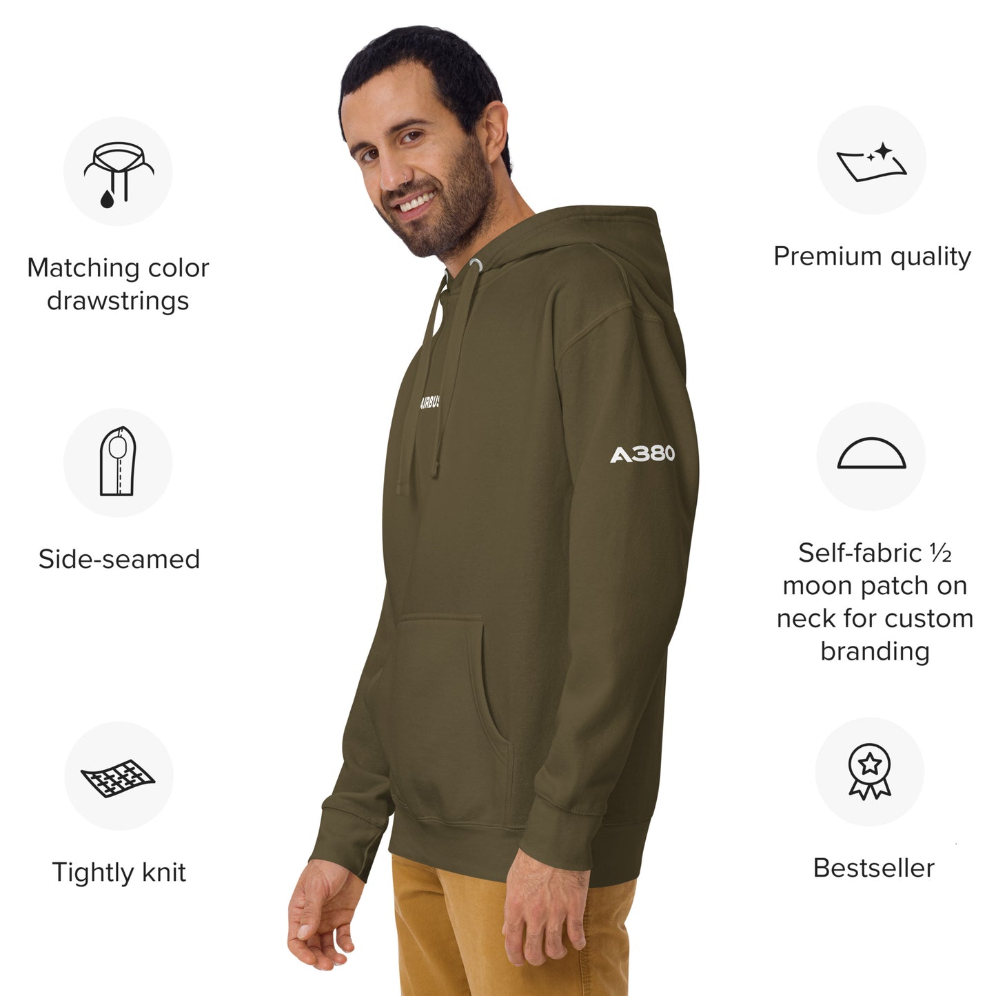 Hand-drawn schematic of the AIRBUS A380 SUPERJUMBO printed on a unisex hoodie.