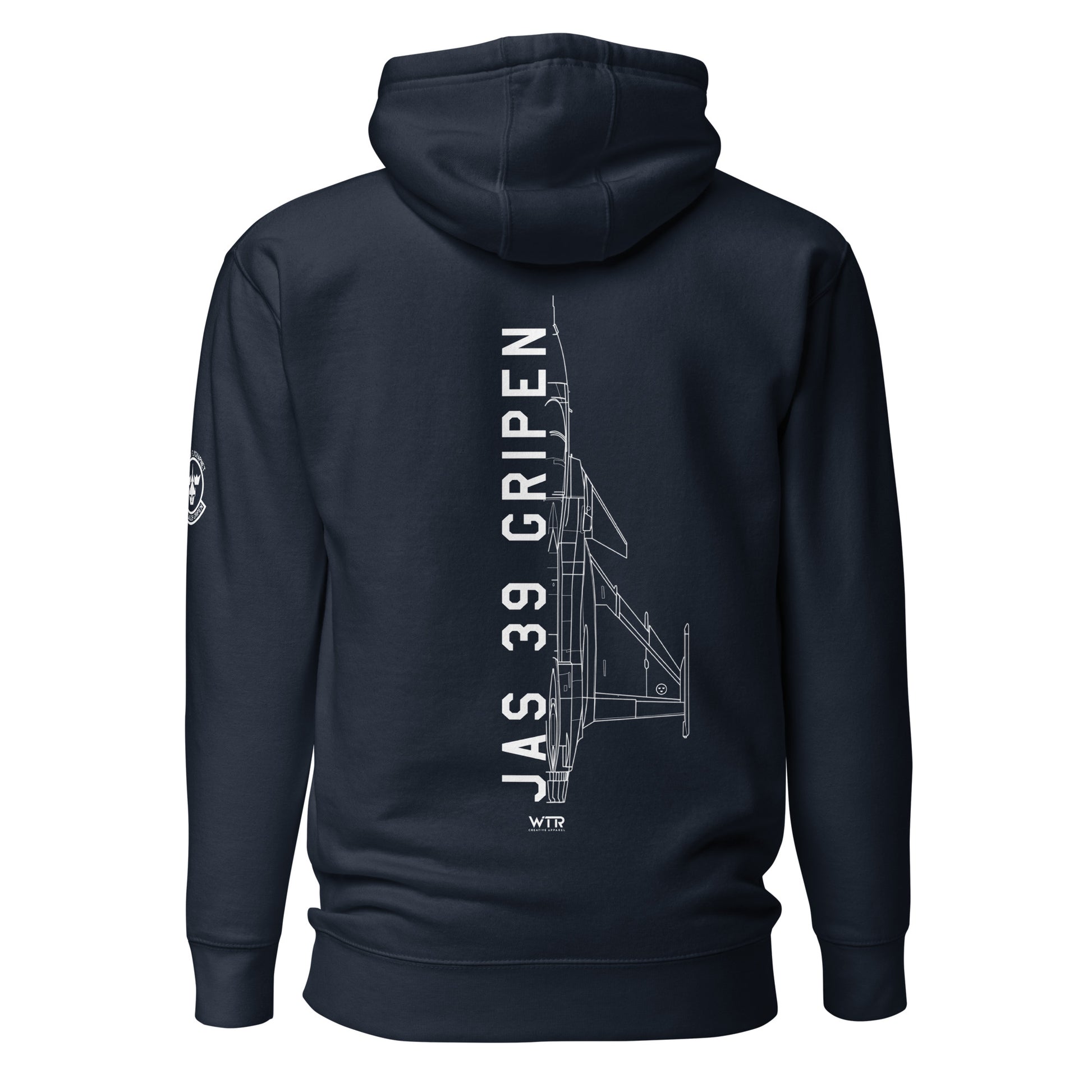 Hand-drawn technical schematic of the Saab JAS 39 Gripen multi-role fighter printed on a comfortable unisex hoodie.