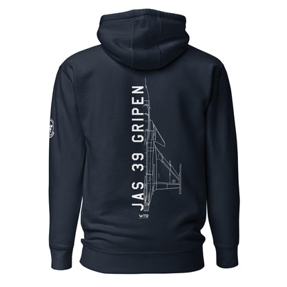 Hand-drawn schematic of the SAAB JAS 39 GRIPEN printed on a unisex hoodie.