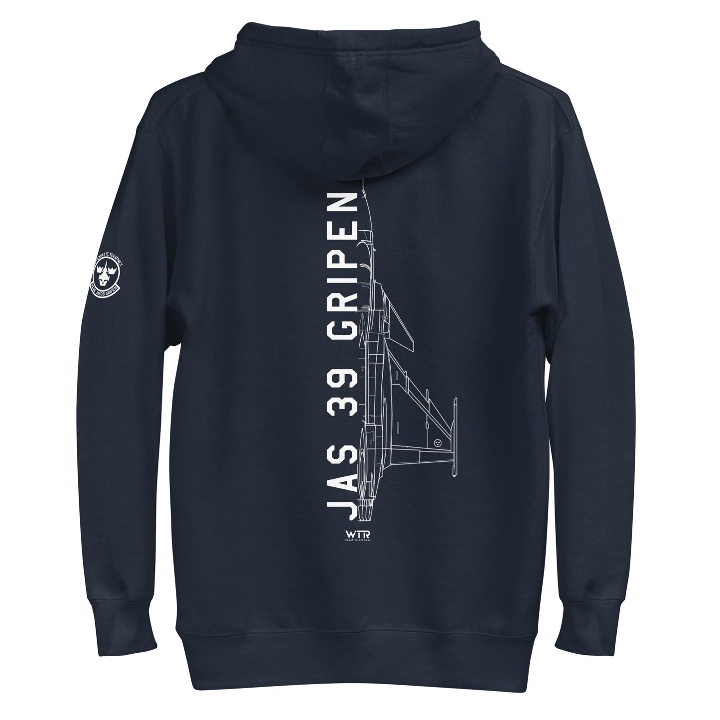 Hand-drawn schematic of the SAAB JAS 39 GRIPEN printed on a unisex hoodie.