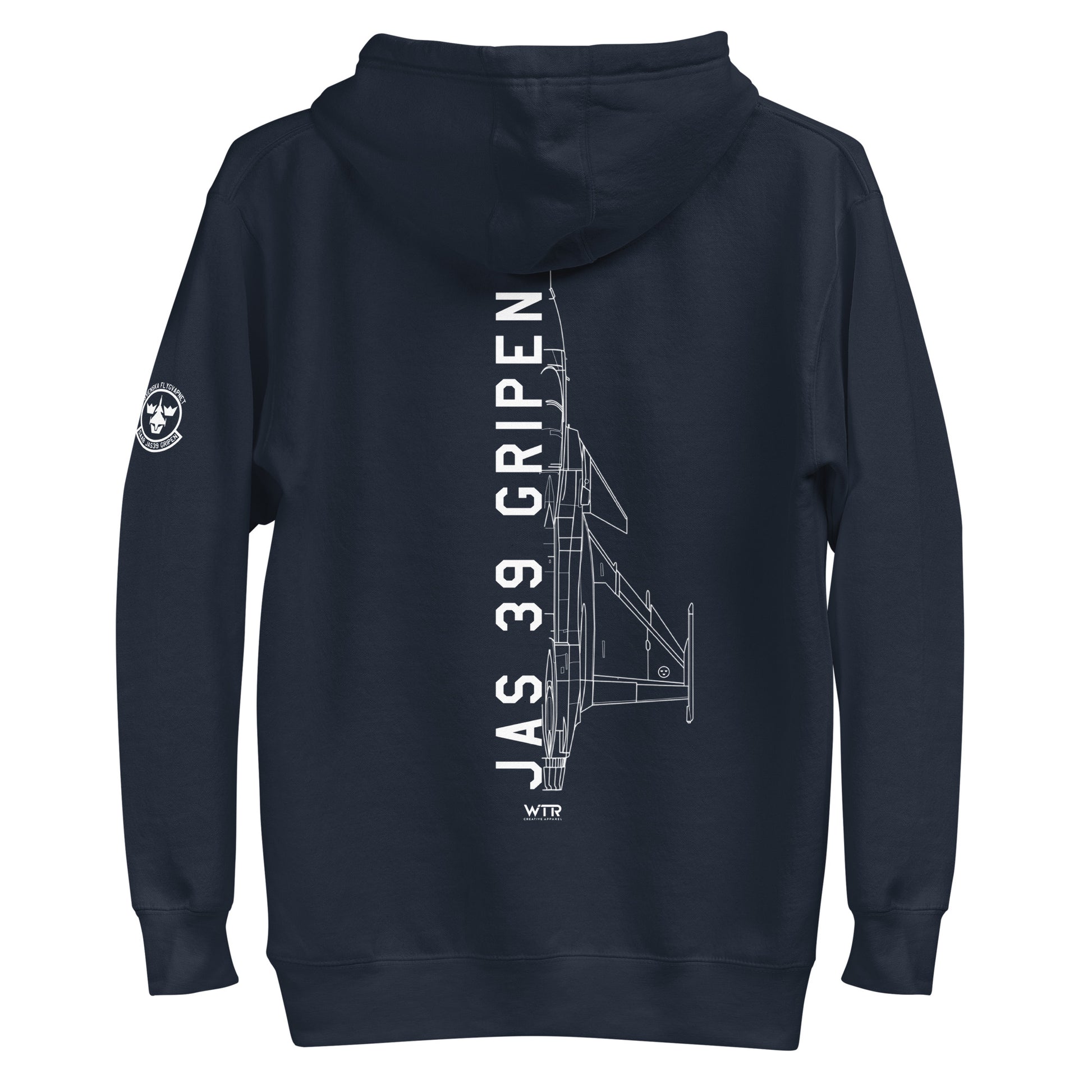 Hand-drawn schematic of the SAAB JAS 39 GRIPEN printed on a unisex hoodie.