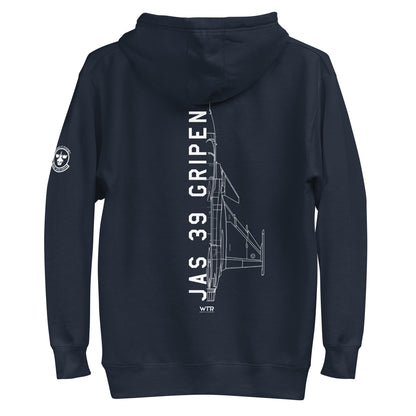 Hand-drawn schematic of the SAAB JAS 39 GRIPEN printed on a unisex hoodie.