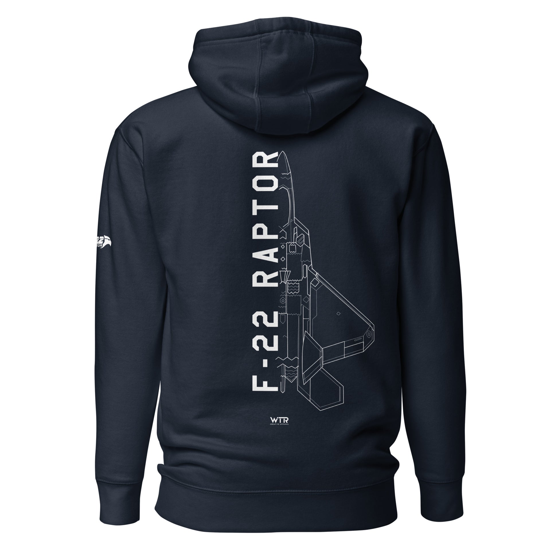 Hand-drawn technical schematic of the Lockheed Martin F-22 Raptor air superiority fighter on a unisex hoodie.