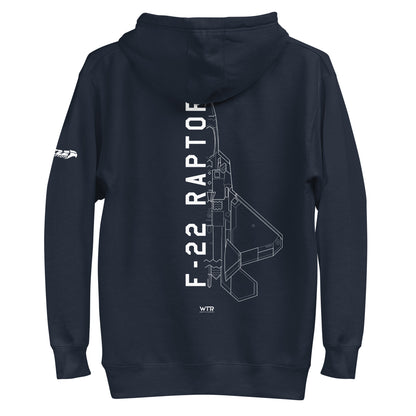 LOCKHEED MARTIN F-22 RAPTOR SCHEMATIC — hand-drawn UNISEX HOODIE artwork.