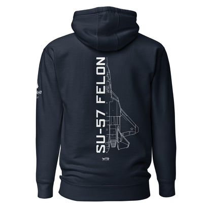 Hand-drawn schematic of the SUKHOI SU‑57 FELON printed on a unisex hoodie.