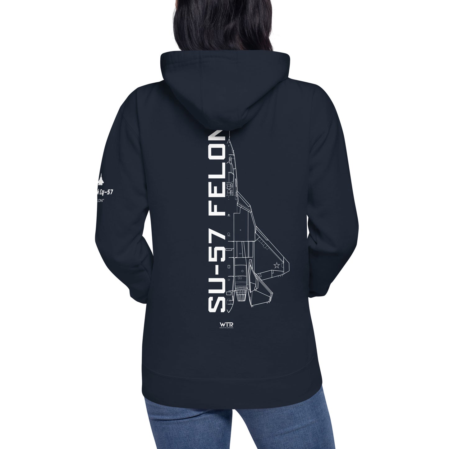 Hand-drawn schematic of the SUKHOI SU‑57 FELON printed on a unisex hoodie.