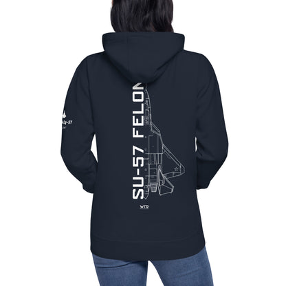 Hand-drawn schematic of the SUKHOI SU‑57 FELON printed on a unisex hoodie.
