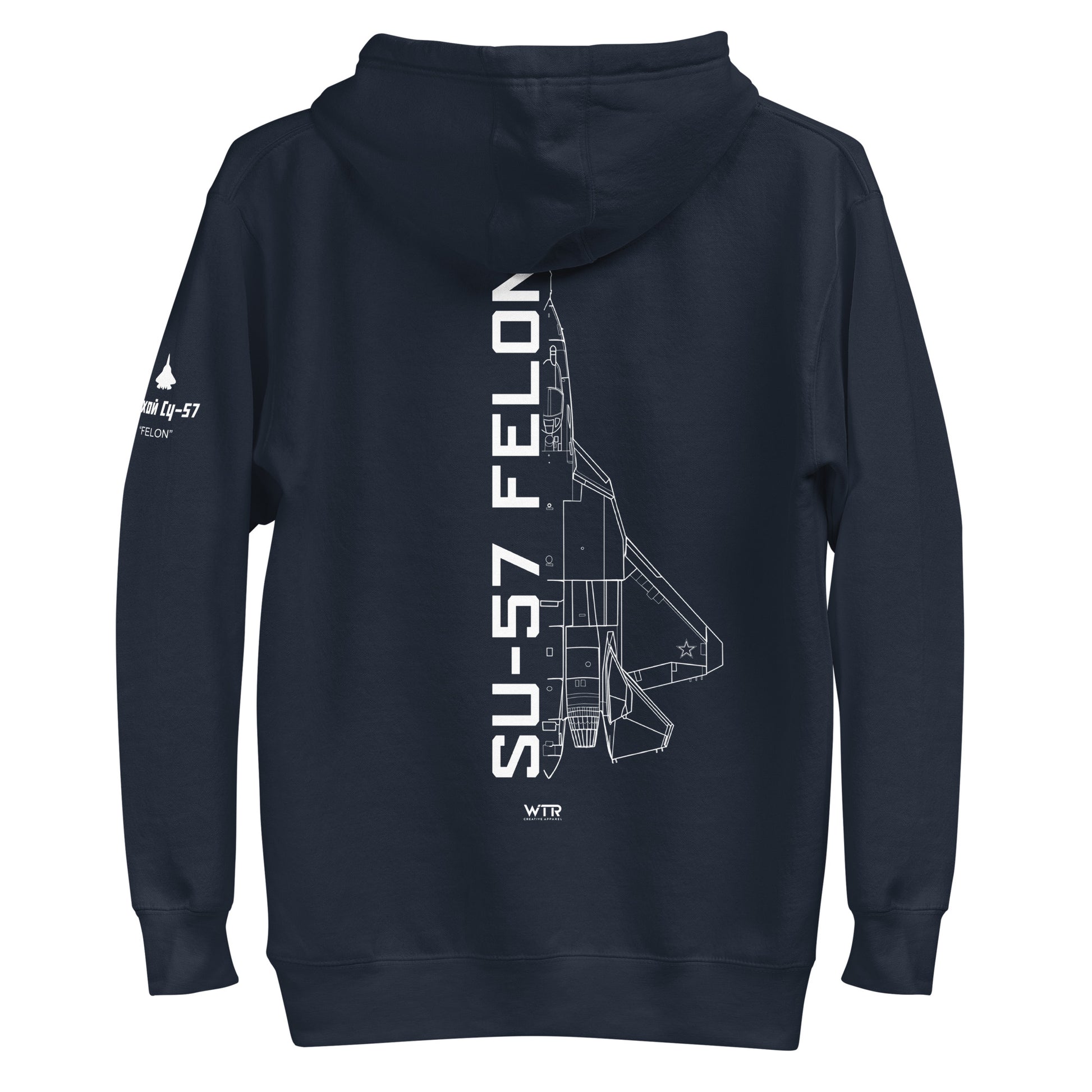 Hand-drawn schematic of the SUKHOI SU‑57 FELON printed on a unisex hoodie.