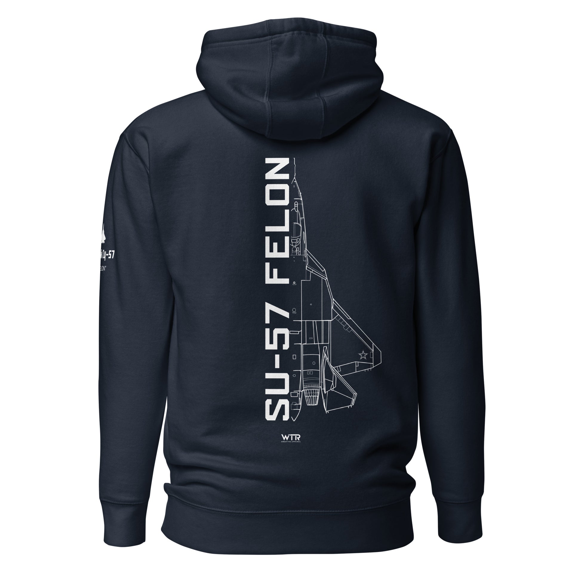 Hand-drawn technical schematic of the Sukhoi SU-57 Felon 5th-gen stealth fighter printed on a unisex hoodie.