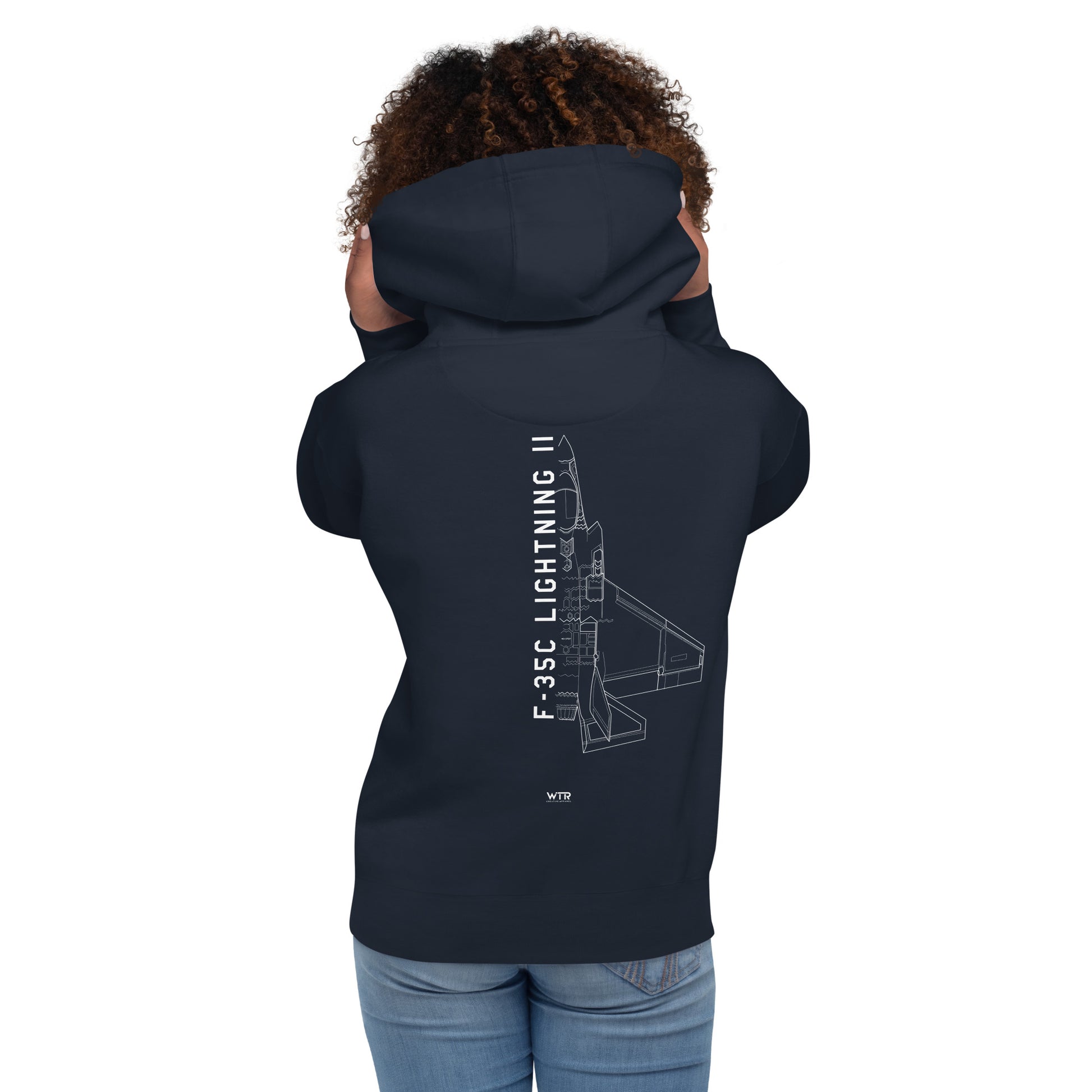 Hand-drawn schematic of the LOCKHEED MARTIN F-35C LIGHTNING II printed on a unisex hoodie.