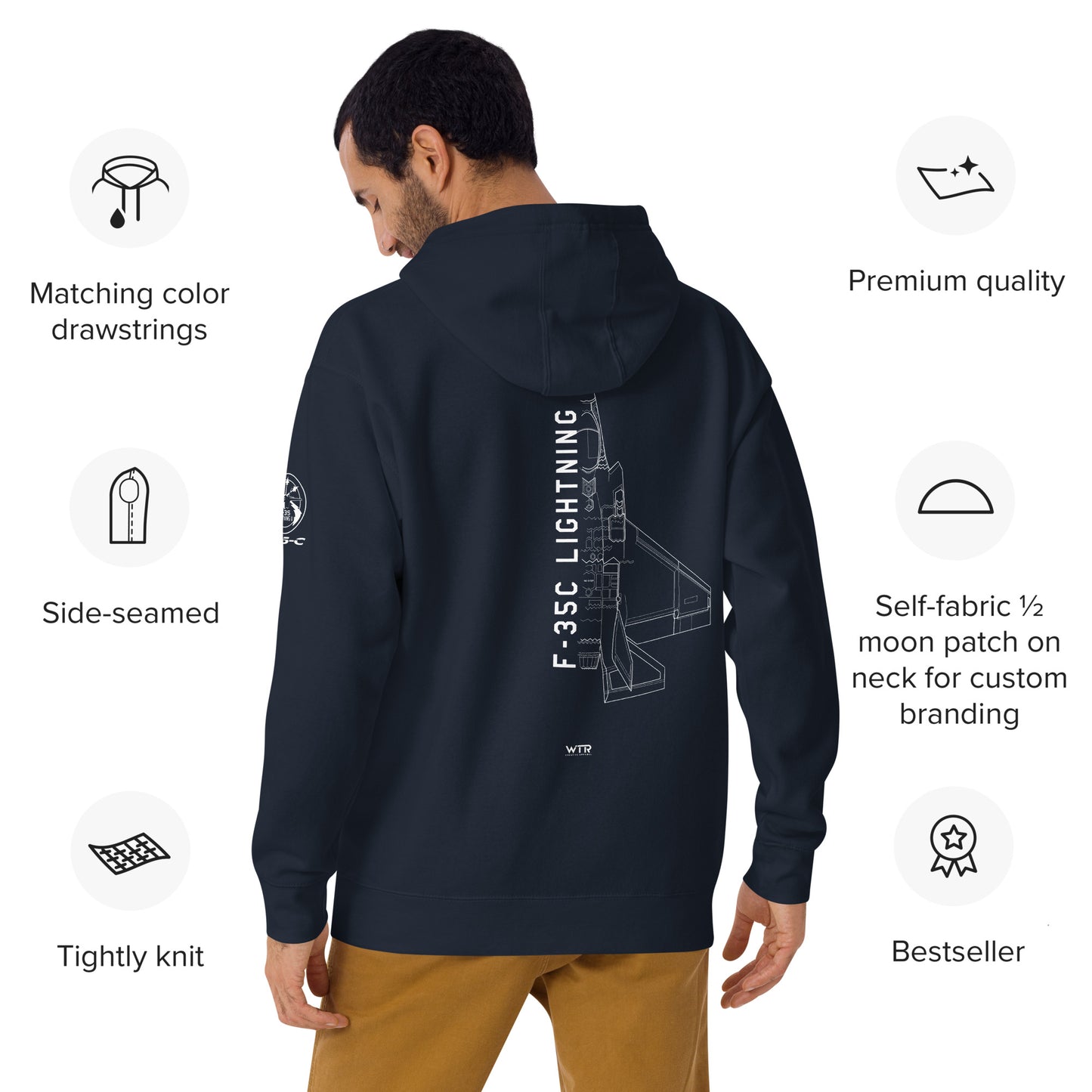 Hand-drawn schematic of the LOCKHEED MARTIN F-35C LIGHTNING II printed on a unisex hoodie.
