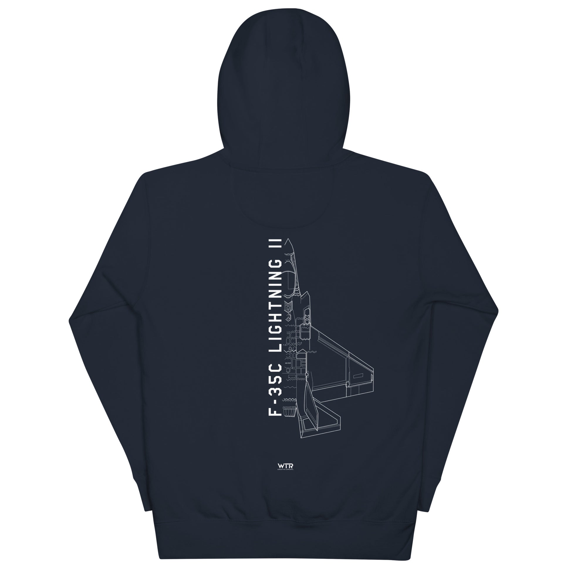 Hand-drawn schematic of the LOCKHEED MARTIN F-35C LIGHTNING II printed on a unisex hoodie.