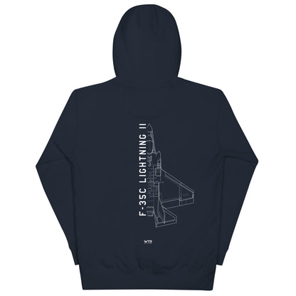 Hand-drawn schematic of the LOCKHEED MARTIN F-35C LIGHTNING II printed on a unisex hoodie.