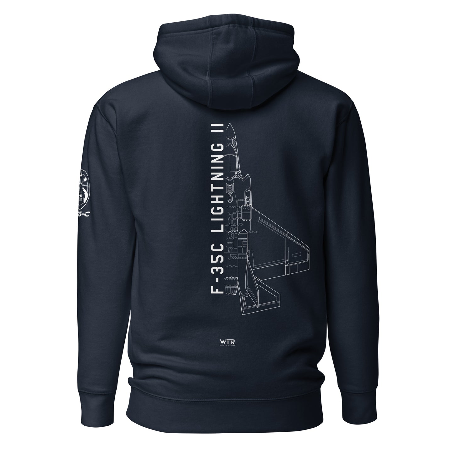 Hand-drawn schematic of the LOCKHEED MARTIN F-35C LIGHTNING II printed on a unisex hoodie.