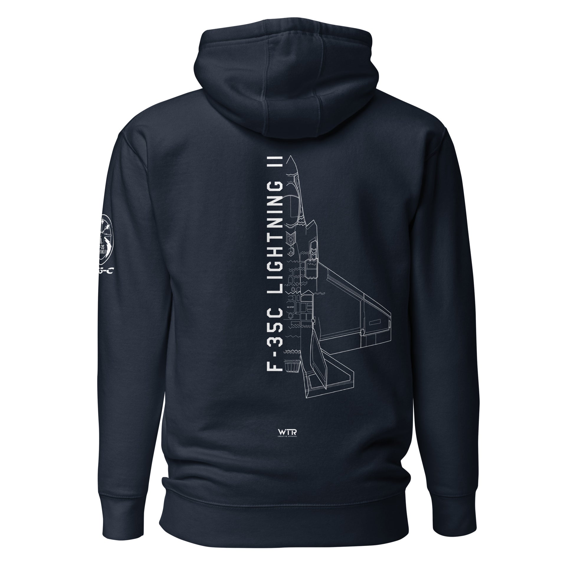 Hand-drawn technical schematic of the Lockheed Martin F-35C Lightning II (CATOBAR) carrier fighter on a unisex hoodie.