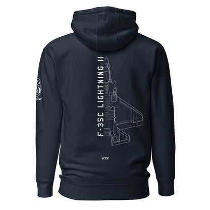 Hand-drawn schematic of the LOCKHEED MARTIN F-35C LIGHTNING II printed on a unisex hoodie.
