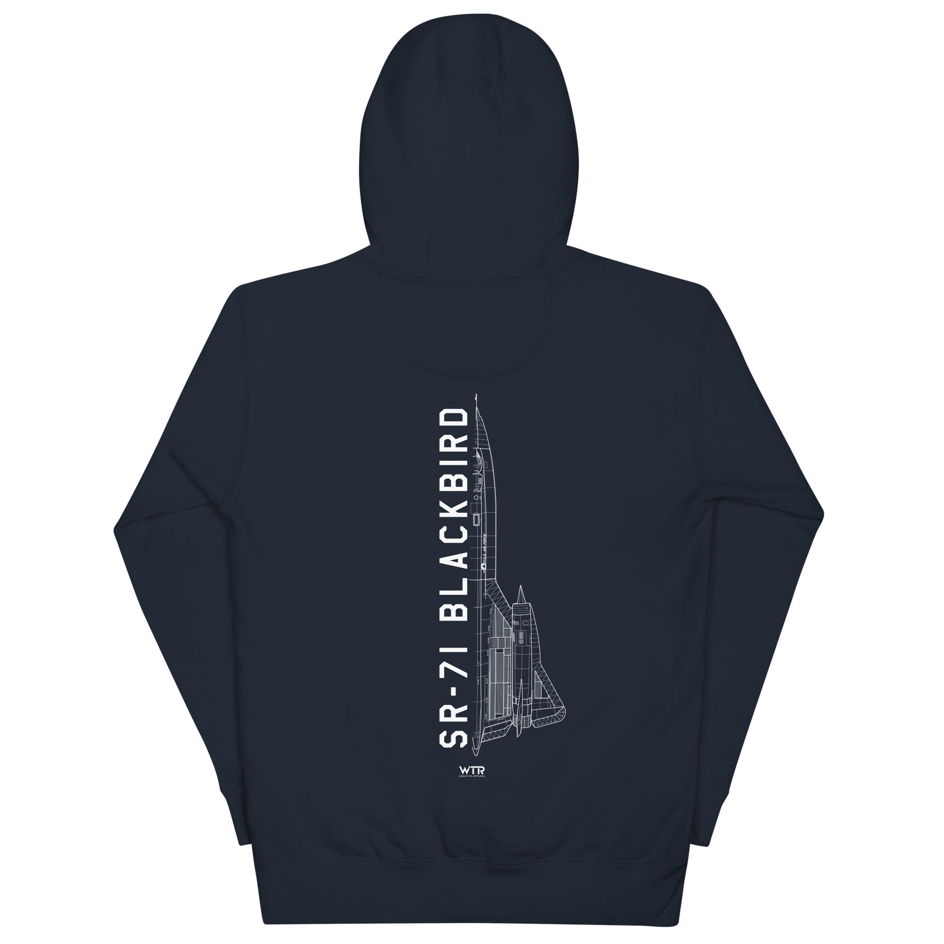 Hand-drawn schematic of the LOCKHEED MARTIN SKUNK WORKS SR-71 BLACKBIRD printed on a unisex hoodie.