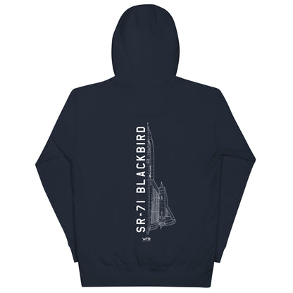 Hand-drawn schematic of the LOCKHEED MARTIN SKUNK WORKS SR-71 BLACKBIRD printed on a unisex hoodie.