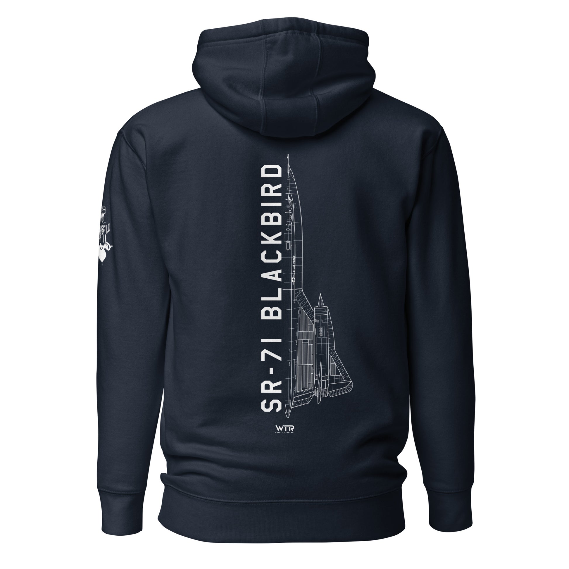 Hand-drawn technical schematic of the Lockheed Martin Skunk Works SR-71 Blackbird "Habu" printed on a unisex hoodie.