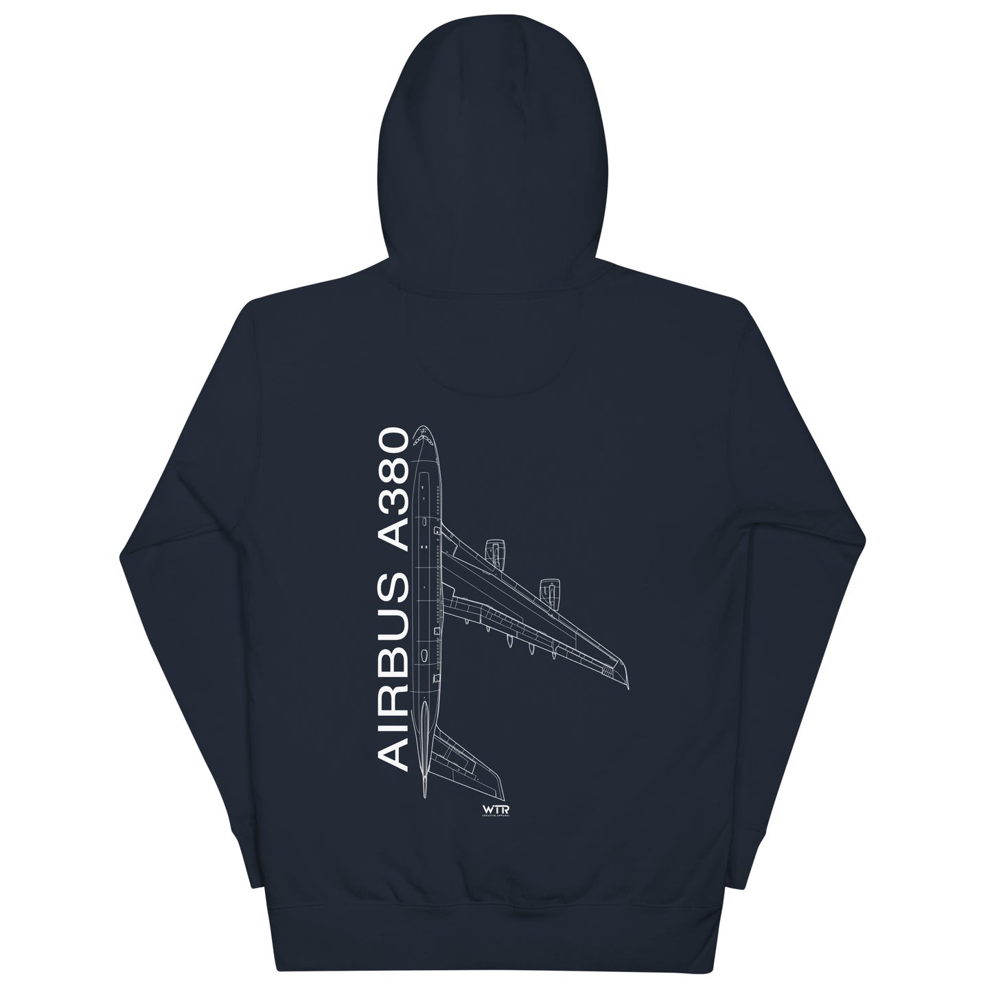 Hand-drawn schematic of the AIRBUS A380 SUPERJUMBO printed on a unisex hoodie.