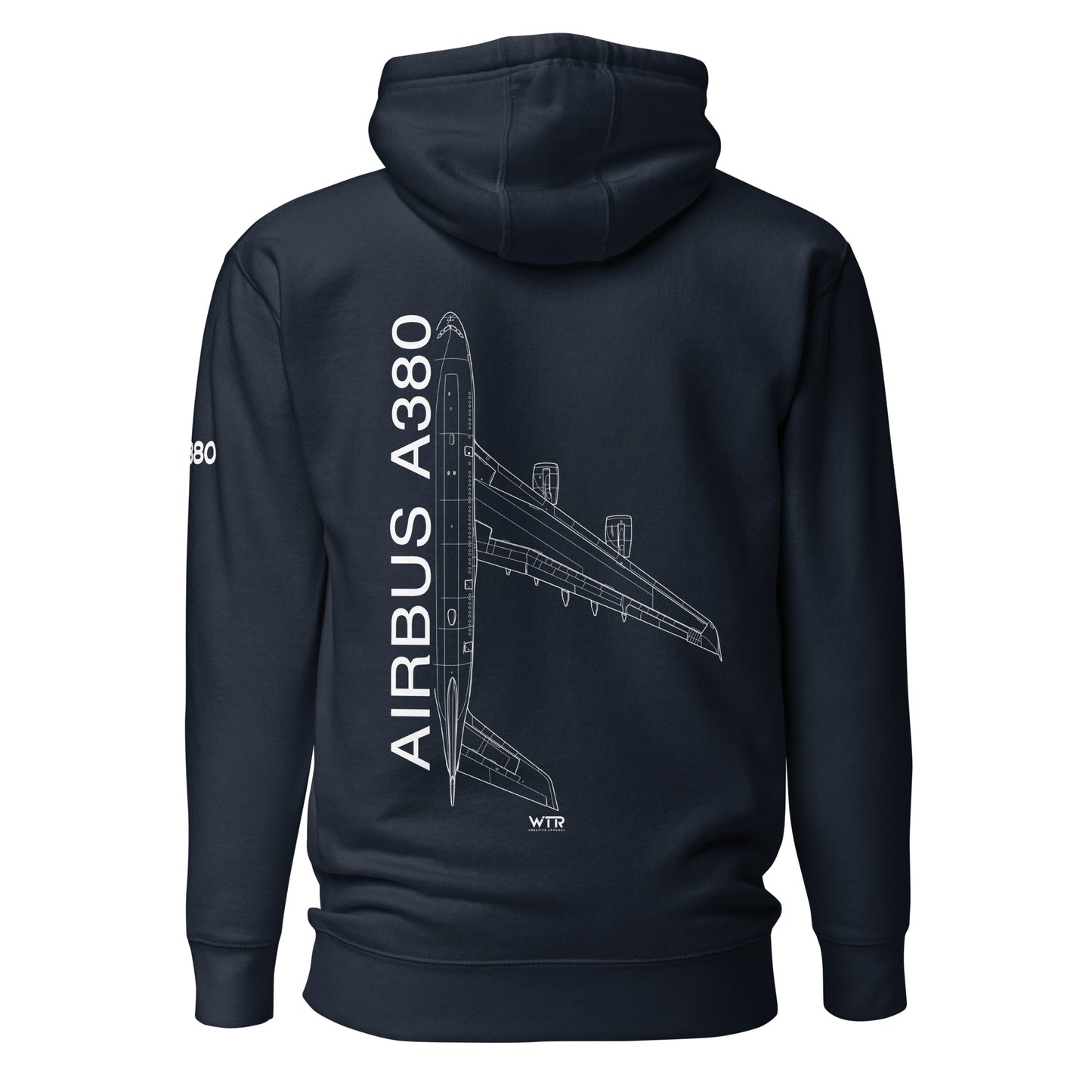 Hand-drawn schematic of the AIRBUS A380 SUPERJUMBO printed on a unisex hoodie.