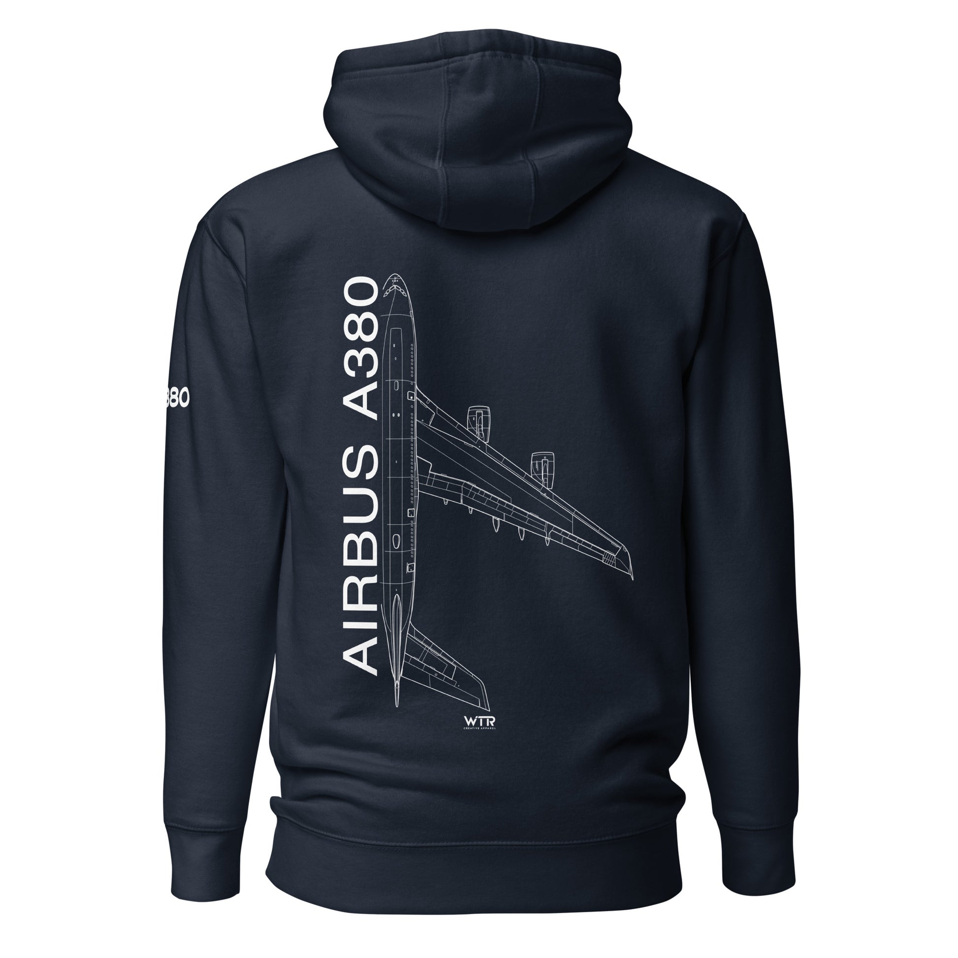 Hand-drawn technical schematic of the Airbus A380 SuperJumbo passenger airliner printed on a comfortable unisex hoodie.