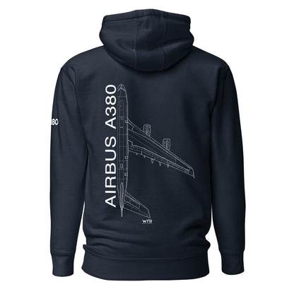 Hand-drawn schematic of the AIRBUS A380 SUPERJUMBO printed on a unisex hoodie.